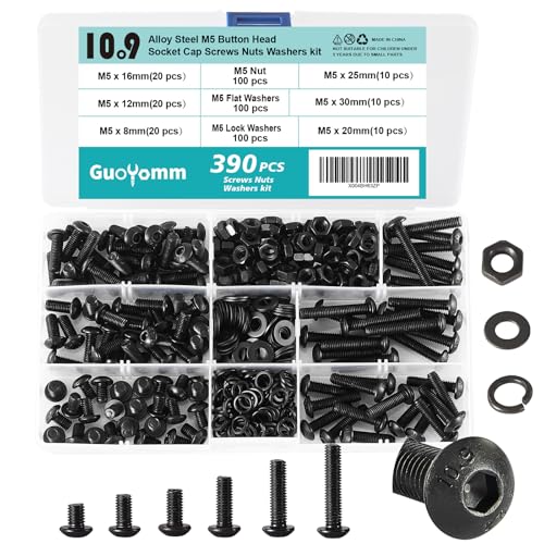 390 PCS M5 x 8mm 12mm 16mm 20mm 25mm 30mm, Button Head Socket Cap Screws Bolts Washers Nuts Assortment Kit, 10.9 Grade Alloy Steel, Black Oxide Finish, Metric Allen Hex Drive