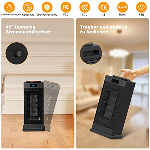 Wilktop Keramische ventilatorkachel, 2000 W, stil, met afstandsbediening, reiniging van negatieve ionen voor badkamer, 1-12 uur timer voor 30 m² binnenruimtes, 3-traps, 120 graden oscillatie - Afbeelding 8