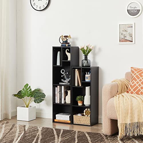 Vecelo 4-Tier Bookcase, Modern Storage Cabinet With Height Difference Shelves For Standard Textbooks, 5 Cubes, Vertical Or Horizontal, Easy Assembly, Black #TOP5
