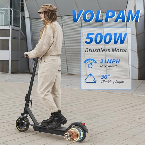 Image of VOLPAM Adult Electric Scooter, 350W /500WMotor, 8.5 inch /10 inch Solid Tires, 19 /22Mph, 32 /28 /23 /21 /18 /16Miles Max Range, Dual Braking