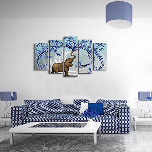 Klvos Elephant Painting Wall Decor Large 5 Panel Blue Tree Wall Art For Living Room Bedroom Original Painting Picture Giclee Prints On Canvas Stretched Gallery Wrap Ready To Hang W-40 X H-24 #TOP4
