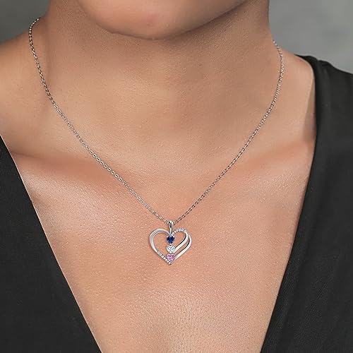 Gem Stone King 925 Sterling Silver Customized and Personalized Name Engraved 3 Stone 4MM Heart Shape Gemstone Birthstone and White Moissanite Pendant Necklace For Women4