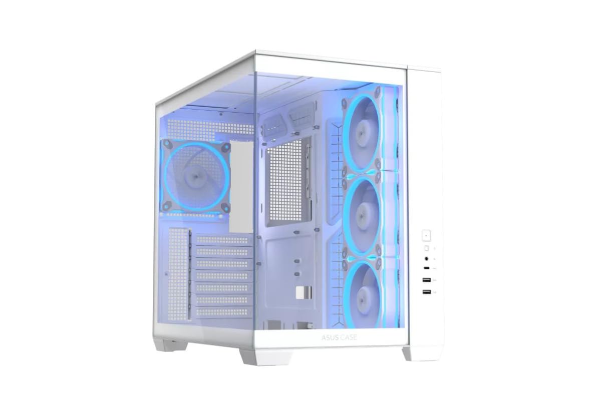 ASUS A32 PLUS TG ARGB WHITE obudowa z dwoma kamerami ATX, obsługuje grzejniki 360 mm i karty graficzne 420 mm, 4 fabrycznie zainstalowane wentylatory ARGB, czyste zarządzanie kablami, panoramiczna