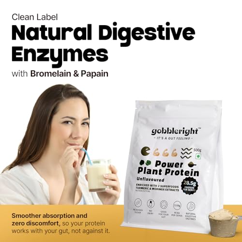 Image of GOBBLERIGHT Power Plant Protein Powder Unflavoured 500g | No Added Sugar | Isolate & Concentrate Pea Rice Protein with Turmeric & Moringa | 5.59g BCAA | No Bloat & Gut Friendly | Vegan & Dairy Free