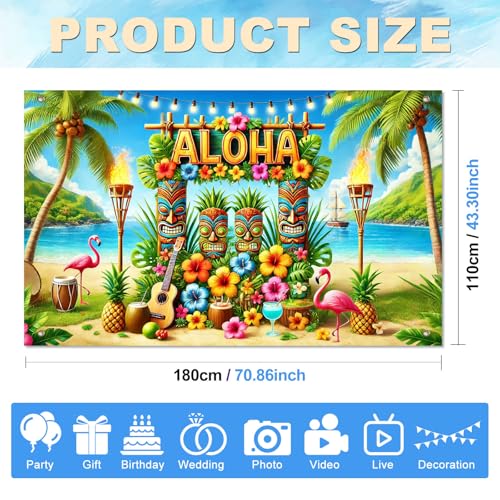 Image of BlissYard Aloha Banner 71 x 43 Inch Hawaiian Luau Backdrop with Tiki Masks Flamingo Hibiscus Palm Tree, Tiki Party Decorations for Summer Beach Photo Booth Wall Decor