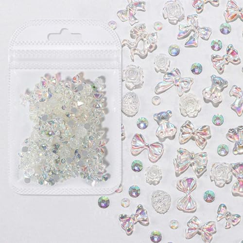 100Pcs Aurora Nail Charms Flower Nail Art Charms 3D Mix Nail Rhinestone Bowknot Bear Shell Design Nail Charms Accessories for Women Acrylic Manicure DIY Crafts Jewel Supplies Decoration