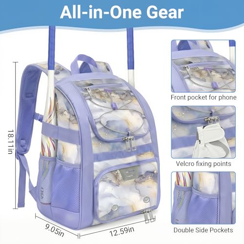 Image of Youth Baseball Bag - Softball Bag for Girls & Boys with Shoes Compartment, Bat Backpack for Baseball, T-Ball & Softball Equipment