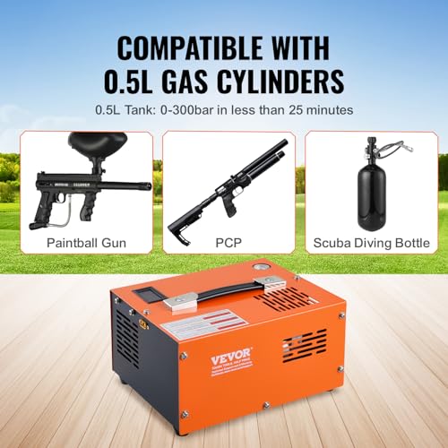 VEVOR PCP Air Compressor, 4500PSI Portable PCP Compressor, 12V DC/110V AC PCP Airgun Compressor Manual-stop, w/External Power Adapter, Built-in Fan, Suitable for Paintball, Air Rifle, Scuba Bottle