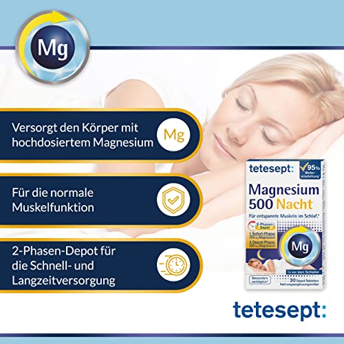 tetesept Magnesium 500 Nacht Tabletten für entspannte Muskeln im Schlaf, 30 St. Tabletten