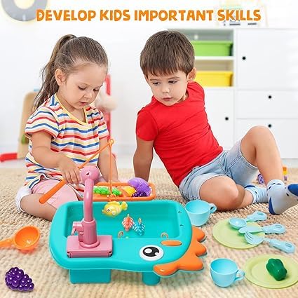 RAZZES Kitchen Sink Toy with Running Water – Automatic Water Circulation | Pretend Play Kitchen Set with Tableware, Vegetables, Fruits & Fishing Game | Fun Gift for Girls & Boys - Image 6 thumbnail