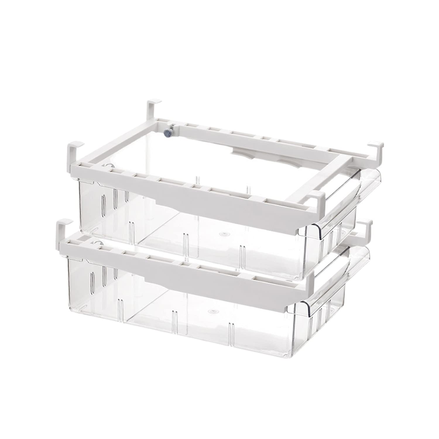 Fridge Organizer,Fridge Drawer Storage Bins with Adjustable Slide Rail,Unique Freezer Shelf Holder Container Box with 2 Partition Plates (2 PACK)