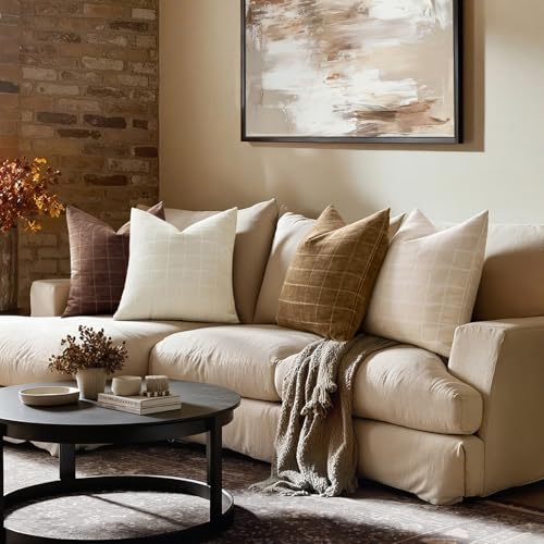 MIULEE Decorative Chenille Check Throw Pillow Covers Vintage Plaid Couch Pillows 22x22 Inch Set of 2 Neutral Boho Farmhouse Cushion Covers Modern Home Decor for Sofa Bed Living Room Toffee by MIULEE - Image 5