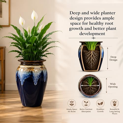 Image of Ceramic Flower Pots for Garden | Big Size Planters for Home Decor, Living Room, Balcony & Office | Multi Utility Vase Gamla for Indoor Outdoor Plants (Hand-Painted, Blue, 10 Inch)