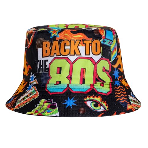 Fumwase Retro 80s Bucket-Hat Fishing-Hat for Men Women Rave Party Accessories Hat for Summer Beach Party Supplies Multi