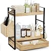 2-Tier Bathroom Counter Organizer, Wooden Vanity Shelf with Drawer & Basket
