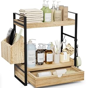 2-Tier Bathroom Counter Organizer with Drawer and Basket, Wood Countertop Organizer for Storage, Skincare Organizers for Vanity, Counter Shelf for Bathroom Organization