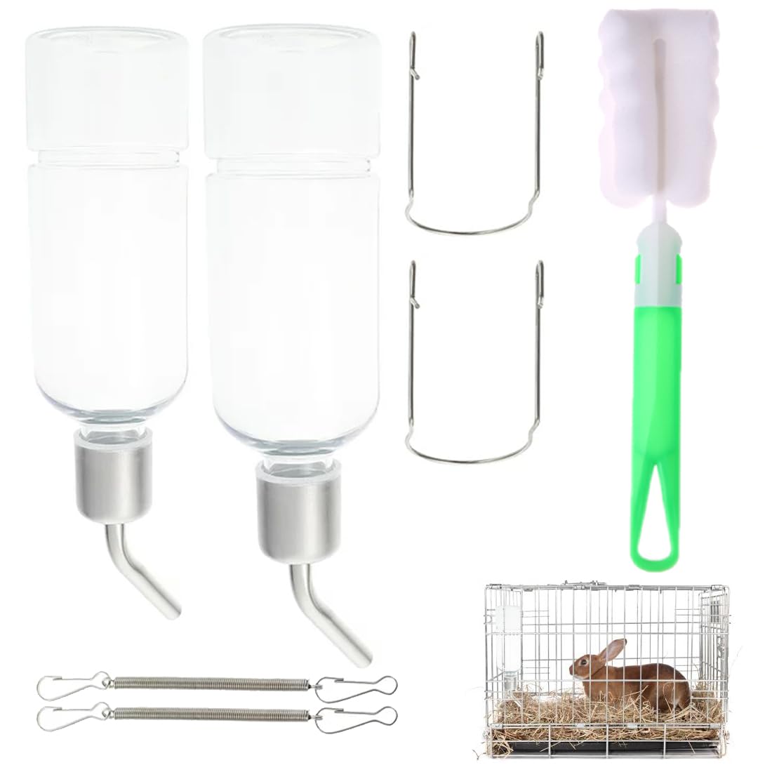 2 Pcs Botellas Agua para Roedores, Bebedero Hamster, Botella Agua para Cobayas, Botella Agua para Conejos+Cepillo De Limpieza, para Conejos, Botellas De Agua para Mascotas (Transparente, 180ml+350ml)
