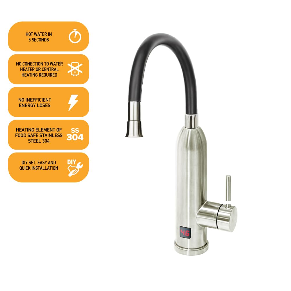 HOGART Elektrische Wasserhahn mit Durchlauferhitzer 230v für Küche, Garten, Bad, Wohnwagen, Camping, Smart Heater, Armatur mit Sofortiger Warmwasserbereiter, Warmwasserhahn, Wasserboiler