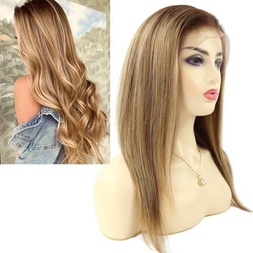 Larafona Hair Echthaar Perücke Glueless Lace Frontal Wig 13x6inch Braun Strähnt Blond Human Hair Wig mit Babyhaar 14inch/35cm