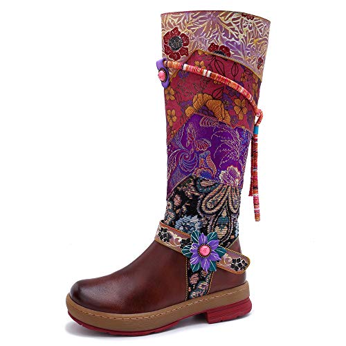 Socofy knielange Damenstiefel aus Leder, mit Blockabsatz, Vintage-Stiefel, handgefertigt, Bohemian-Stiefel, pelzgefüttert, Winter-Schneestiefel, Cowgirls, breite Wadenspleißmuster, rutschfest, für Socofy knielange Damenstiefel aus Leder, mit Blockabsatz, Vintage-Stiefel, handgefertigt, Bohemian-Stiefel, pelzgefüttert, Winter-Schneestiefel, Cowgirls, breite Wadenspleißmuster, rutschfest, für