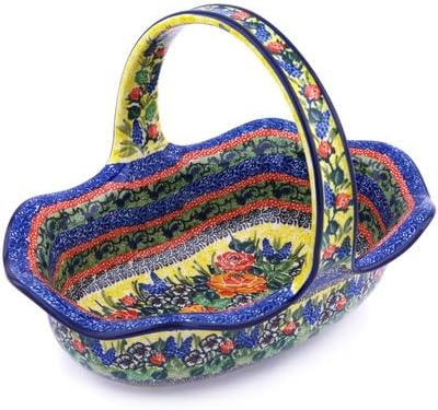 Polmedia Polish Pottery Basket with Handle UNIKAT - Splendid Morning Glow Pattern Handmade in Boleslawiec Poland by Ceramika Artystyczna + Certificate of Authenticity