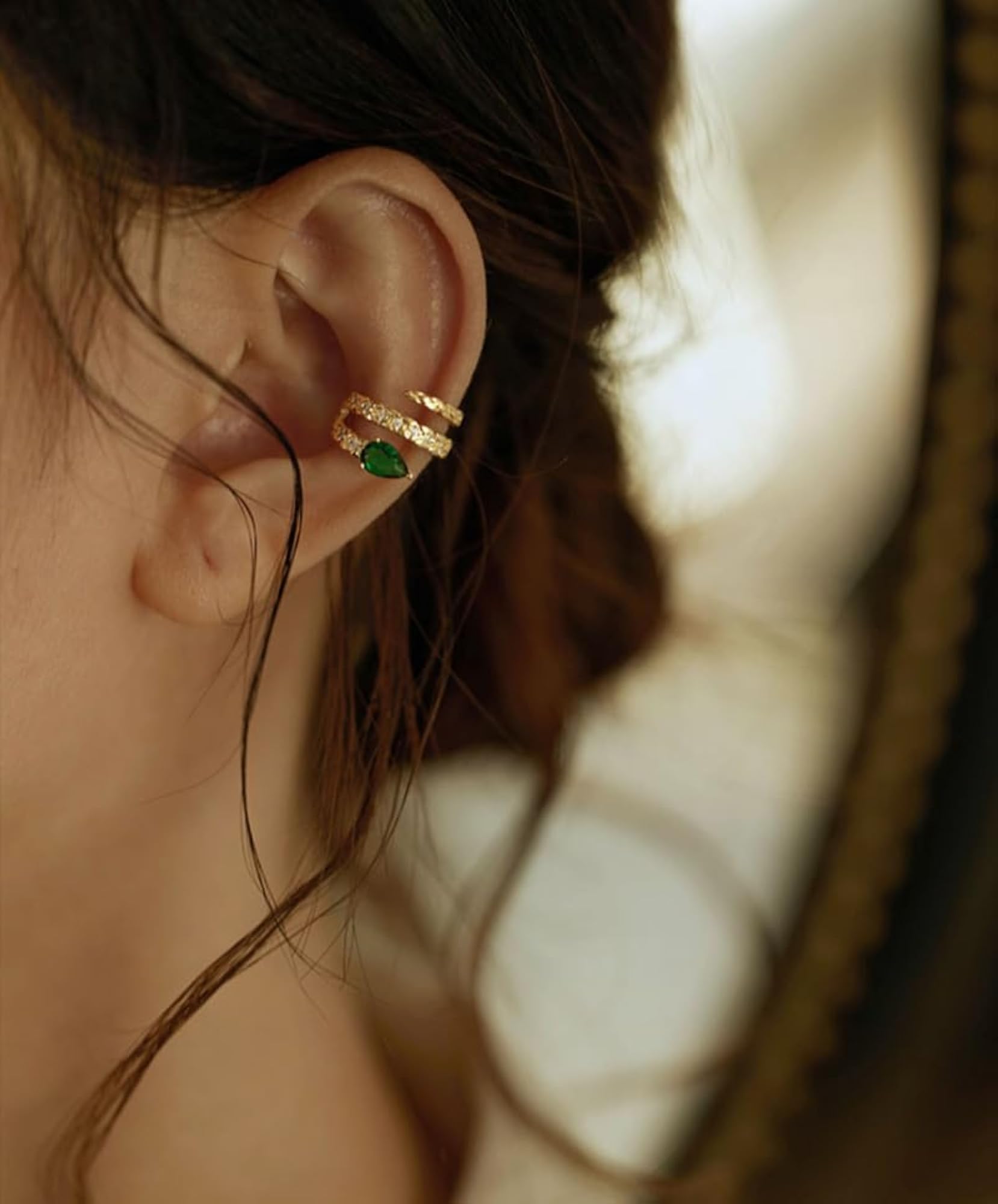 Green Snake Ear Cuff with Emerald Crystal for Women
