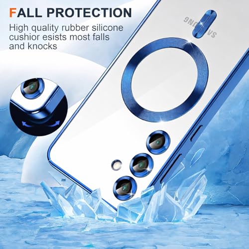Image of VONZEE Clear Logo Electroplating Transparent Case for Samsung S25 FE 5G, Magnetic Plating [Support for MagSafe Charger] Electroplate TPU Cover, Individual Camera Protection for Each Lens - Blue