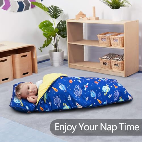 Image of Primlect Thickened Toddler Nap Mat with Removable Pillow and Minky Blanket, Extra Large 55''x35'' Sleeping Bag, Washable, Roll up, Perfect for Daycare, Preschool, Kindergarten, Boys and Girls (Space)