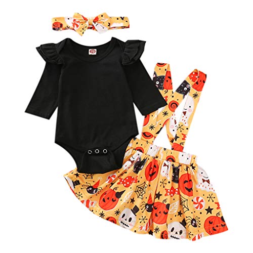 Image of Newborn Baby Girl Halloween Outfits Long Sleeve My First Halloween Romper+Strap Pumpkin Skirt+Headband Witch Clothes Set