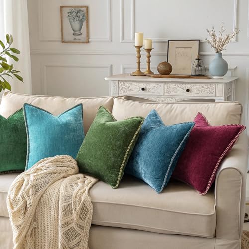 Image of decorUhome Fall Chenille Soft Cozy Throw Pillow Covers 26x26 Set of 2, Modern Farmhouse Boho Velvet Decorative Euro Sham Pillow Cases with Stitched Edge for Couch Sofa Bed Home Decor, Teal