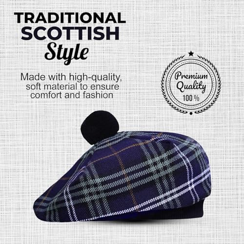 Image of Scottish Tam O' Shanter Hat Tartan Bonnet Pom Pom Wool Flat Cap One Size
