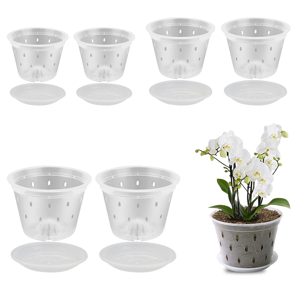 HIULLEN Clear Orchid Pot, 6pcs 10cm 14.5cm 16cm/5pcs 16cm Plastic Plant Pots with Drainage Hole and Tray, Seed Seedling Pots, House Plant Pots, Nursery Pots for Orchid Repotting Kit