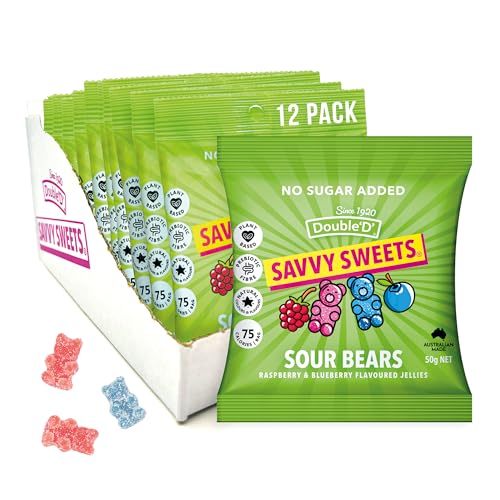 SAVVY Sweets Sour Bears - Great Tasting Prebiotic, Vegan Gummy Bears, Low Sugar, High Fibre, 72 Calories, Gluten-Free, 12-Pack