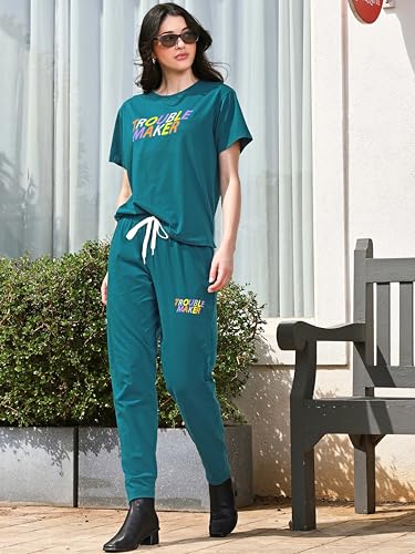 Image of ZEYO Night Suit for Women's Typography Printed Cotton Night Dress of Top and Joggers