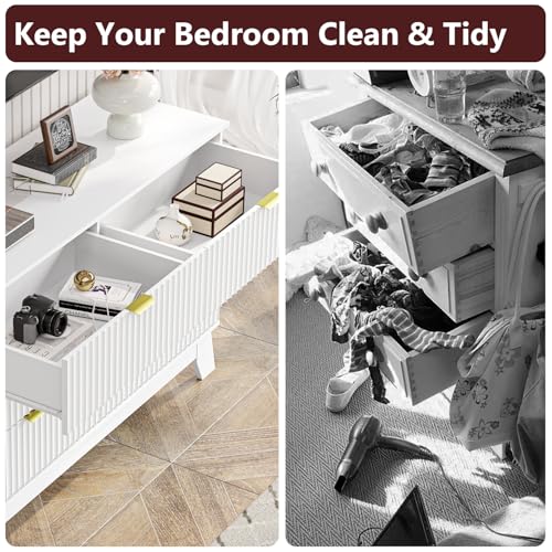 Image of White Dresser 6 Drawer Dresser for Bedroom, 47''W Fluted Wooden Dresser Storage Cabinet and Chest of Drawers with Metal Handle, Storage Organizer for Living Room, Hallway, Entryway