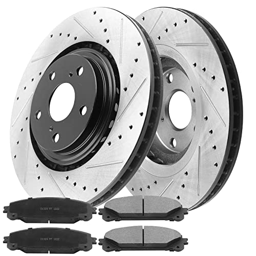 Image of MotorbyMotor 328mm Front Brake Kit, Drilled & Slotted Disc Brake Rotors and Ceramic Brake Pads fits for Toyota Highlander Sienna, Lexus RX350 RX450H NX200T NX300 NX300H (31511, 12044158)