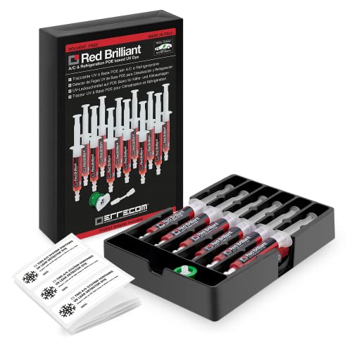 Errecom Red Brilliant - 12 x 7,5 ml, POE-basierter UV-Tracer zum Aufspüren von Kältemittellecks in Kfz-Klimaanlagen mit elektrischem Kompressor, inklusive Adapter für R1234yf