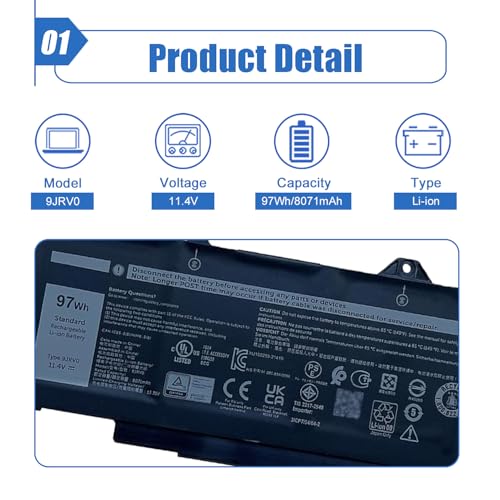 Image of 9JRV0 97Wh Battery Replacement for Dell Latitude 5521 5531 Precision 3561 3571 3581 Alienware m17 R5 AMD m18 R1 R2 m18 R1 AMD Series Laptop 0P3TJ 0R05P0 05RGW