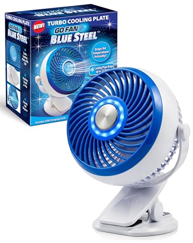 Spark Innovators Go Fan Blue Steel Portable Desk Fan with Cooling Plate Cordless & Rechargeable 360 Oscillating with Active Cooling Technology USB Charging for Home Outdoor Camping & Travel