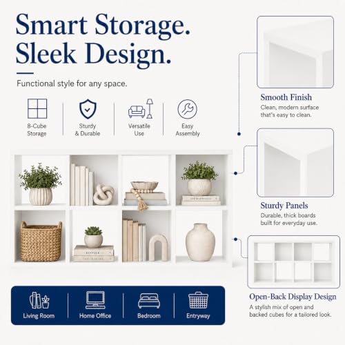 IULULU-8-Cube-Storage-Organizer-Freestanding-Bookcase-Display-Shelf-White-Reversible-Bookshelf-Storage-Display-Shelf-Open-Backed-Cube-Design-Ideal-for-Living-Room-Bedroom-Home-Office-Entryway
