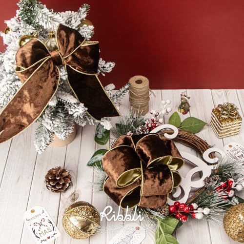 Image of Ribbli Brown Velvet Wired Ribbon 2.5 Inch Metallic Brown Gold Crushed Velvet Christmas Ribbon for Gift Wrapping Christmas Tree Decoration Crafts Wreaths Supplies-Continuous 10 Yards
