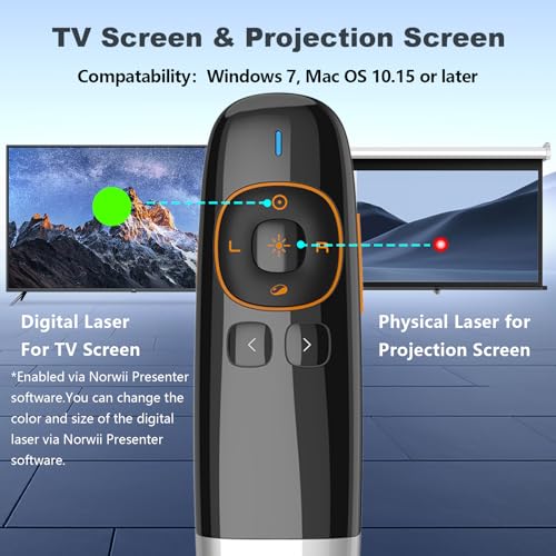 Norwii Clicker de apresentador ergonômico sem fio N86s para tela de TV LCD LED com ponteiro digital,