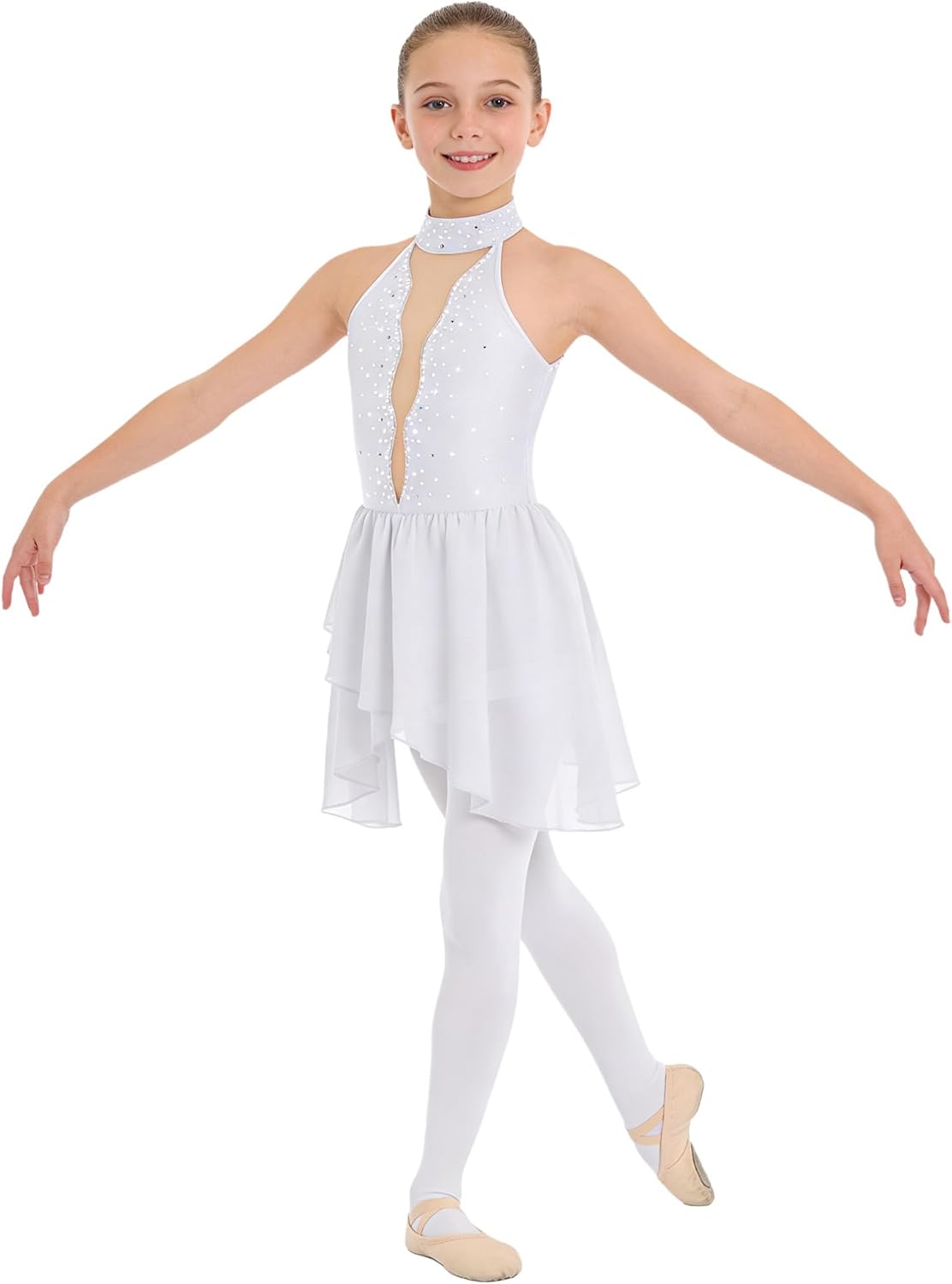 JEATHA Girls Figure Ice Skating Dress Leotard Sleeveless Mock Neck Rhinestones Splice Sheer Mesh Dance Costume