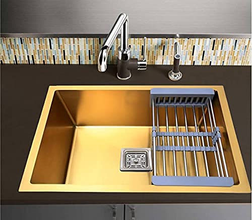 HAPPY HOMES HAPPY HOMES 304 Stainless Steel Kitchen Sink 24 x 18 x10 Inch GOLD Matte Single Bowl with Nanocoated Undercoating, Sound Dampening | Coupling & Metal Fruit Basket | 7 Years Warranty