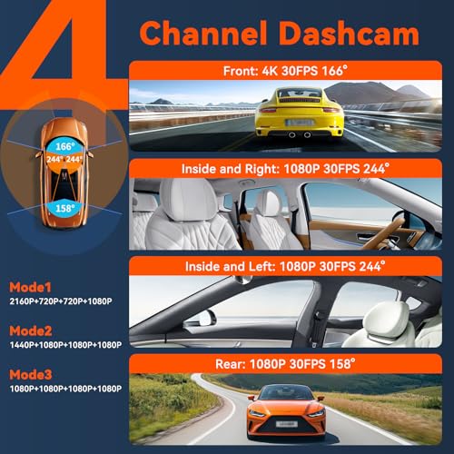 4K 360° DashCam for Cars,4 Channel Car Dash Cam Front and Rear Inside with 128GB Card Included,Voice Control,5.8G WiFi GPS,IR Night Vision, G Sensor, 24/7 Parking Mode &Loop Recording Dash Camera - Image 3