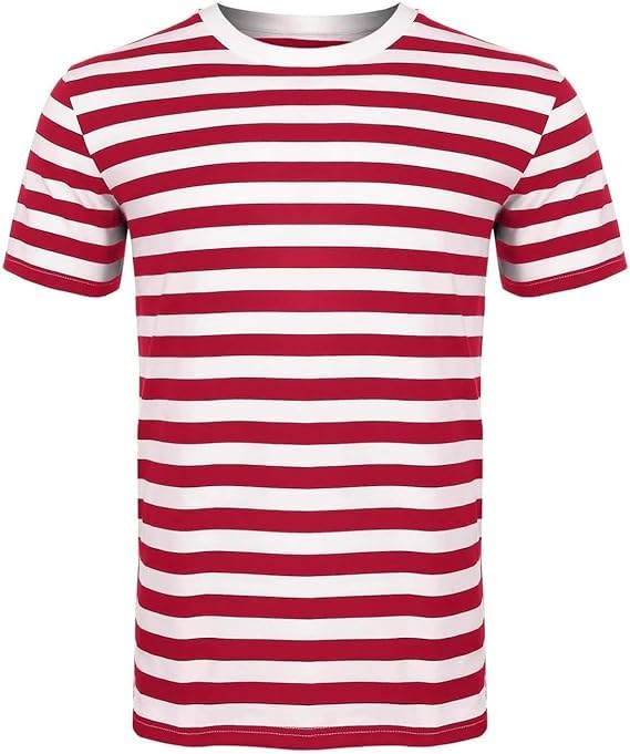 ANZEE Adult Explorer Costume Set Find Me If You Can Unisex Red White Stripe T Shirt Hat Glasses OTK Leg Warmer Scarf for Book Week DressUp (Pack of 1 T-Shirt Red/White, S) โ image 1