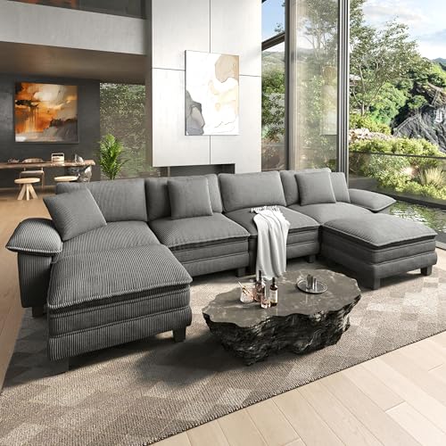 Image of HERA'S HOUSE 158 inch Oversized Modular Sectional U Shaped Sofa, Corduroy Grey | 6-Seater Living Room Couches, Wider Armrest and Deep Seat, Comfy Cloud Couch with Ottoman, Wood Sturdy Frame