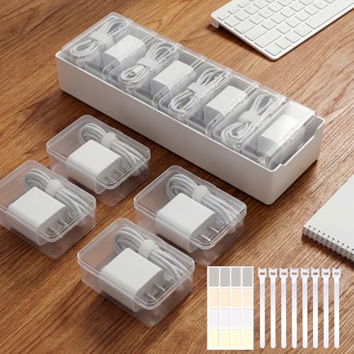 Alouxop 8 Individual Cable Organizer Boxes With Base Cord Storage Organizer With Labels And Cable Straps For Charging Cables Adapters Earphones (8 pcs Individual Cable 1 Pack)