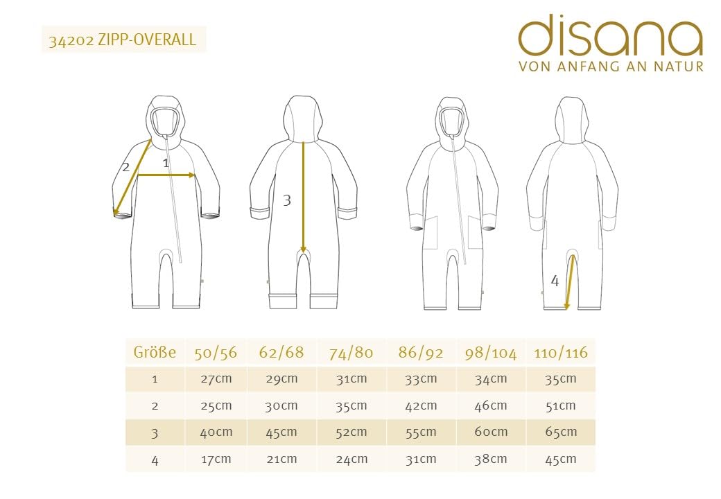 Disana ZIPP-OVERALL Baby & Bambini – 100% Bio Merino, lana walk – traspirante e piacevolmente caldo – unisex, taglia 50 – 116 – sostenibile & equo – con chiusura lampo – Made in Germany