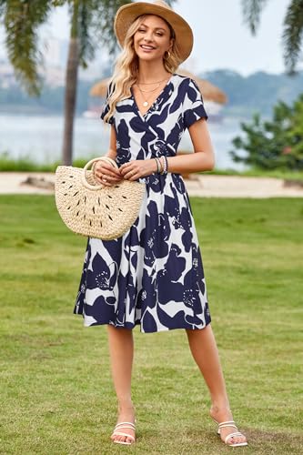 Image of OUGES Maternity Nursing Dress Breastfeeding Short Sleeve V Neck Casual Pregnancy Clothes with Pockets